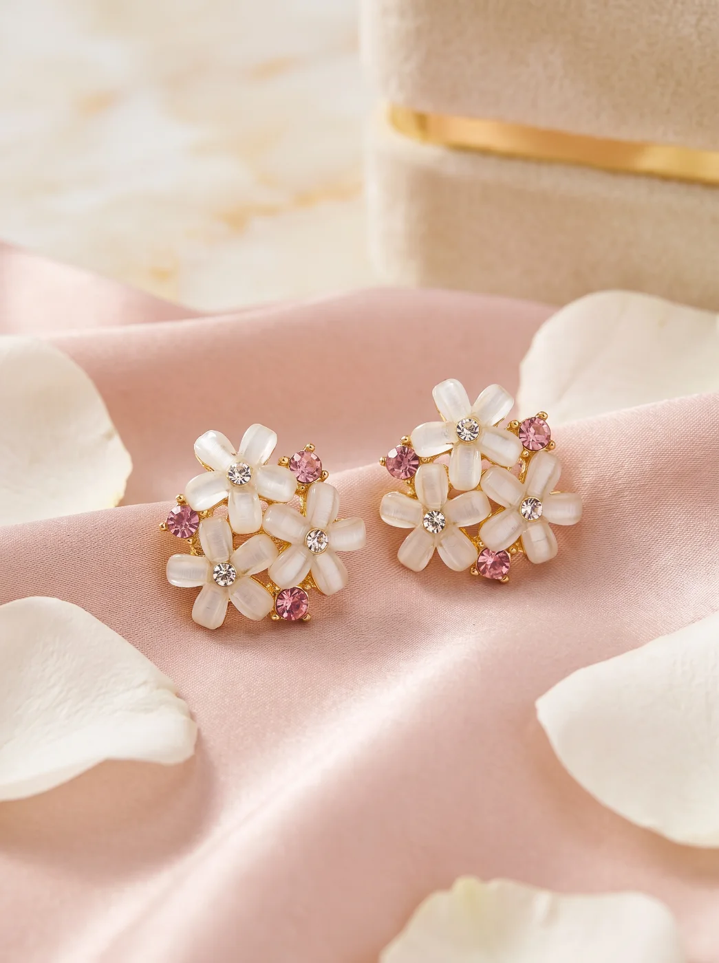Elegant White Floral Cluster Stud Earrings with Pink Stones