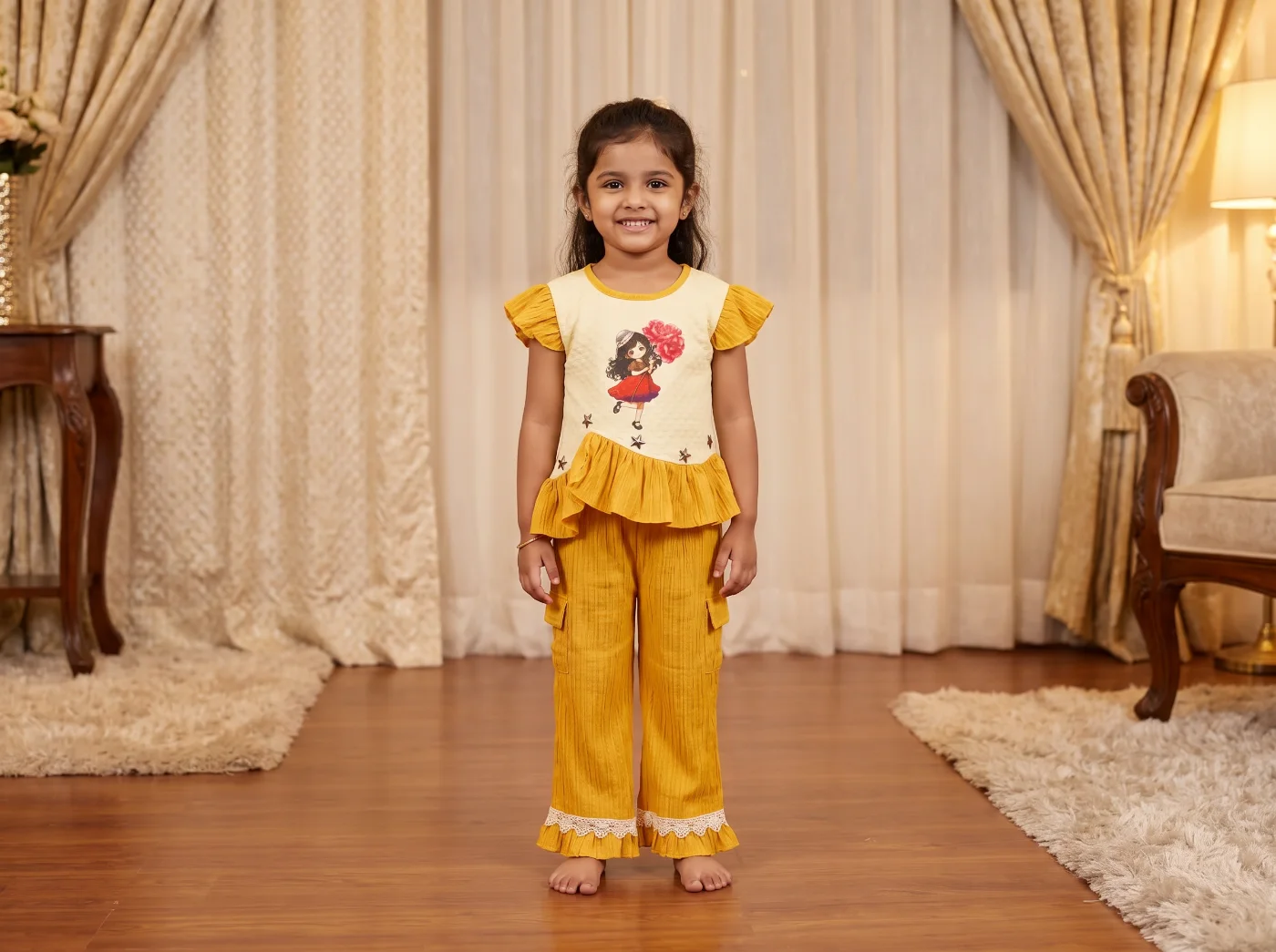Girls' Cute Cartoon Print Ruffled Top & Ribbed Pants Set
