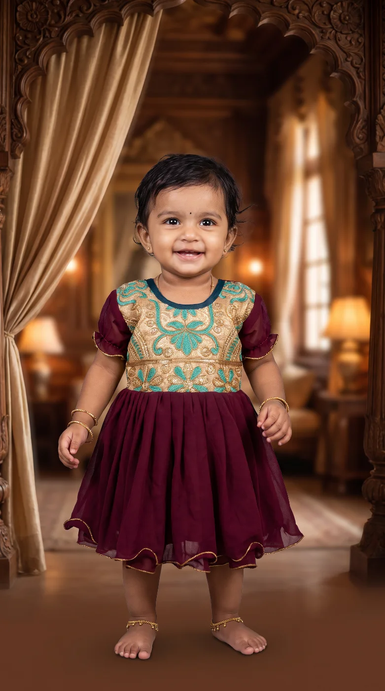 Baby Girl's Maroon & Gold Embroidered Traditional Festive Dress