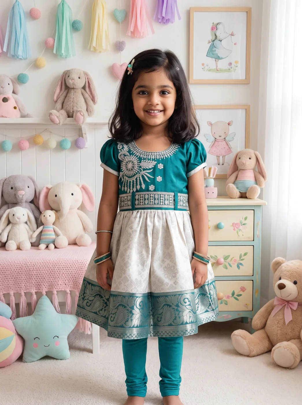Girls Traditional Teal and Off-White Ethnic Dress with Leggings