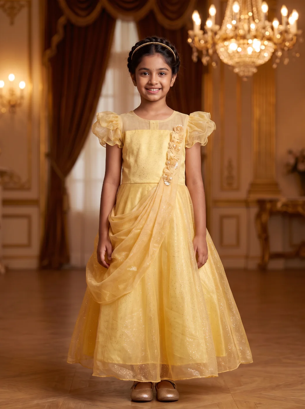 Girls Shimmering Yellow Party Gown with Ruffled Sleeves
