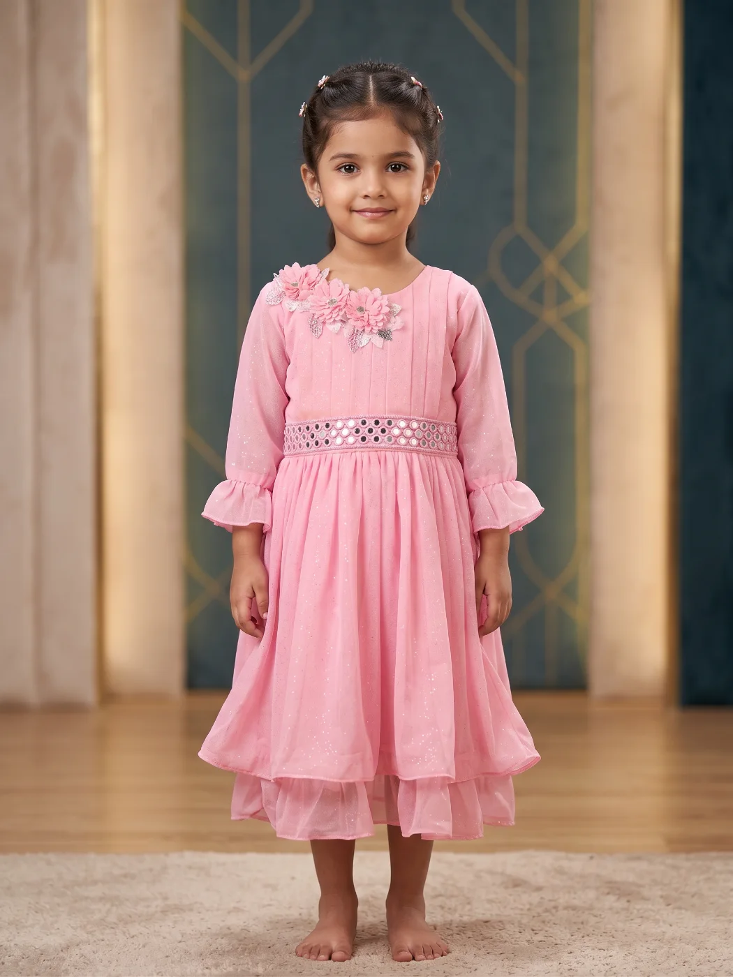 Girls Pink Floral & Mirror Work Festive Dress
