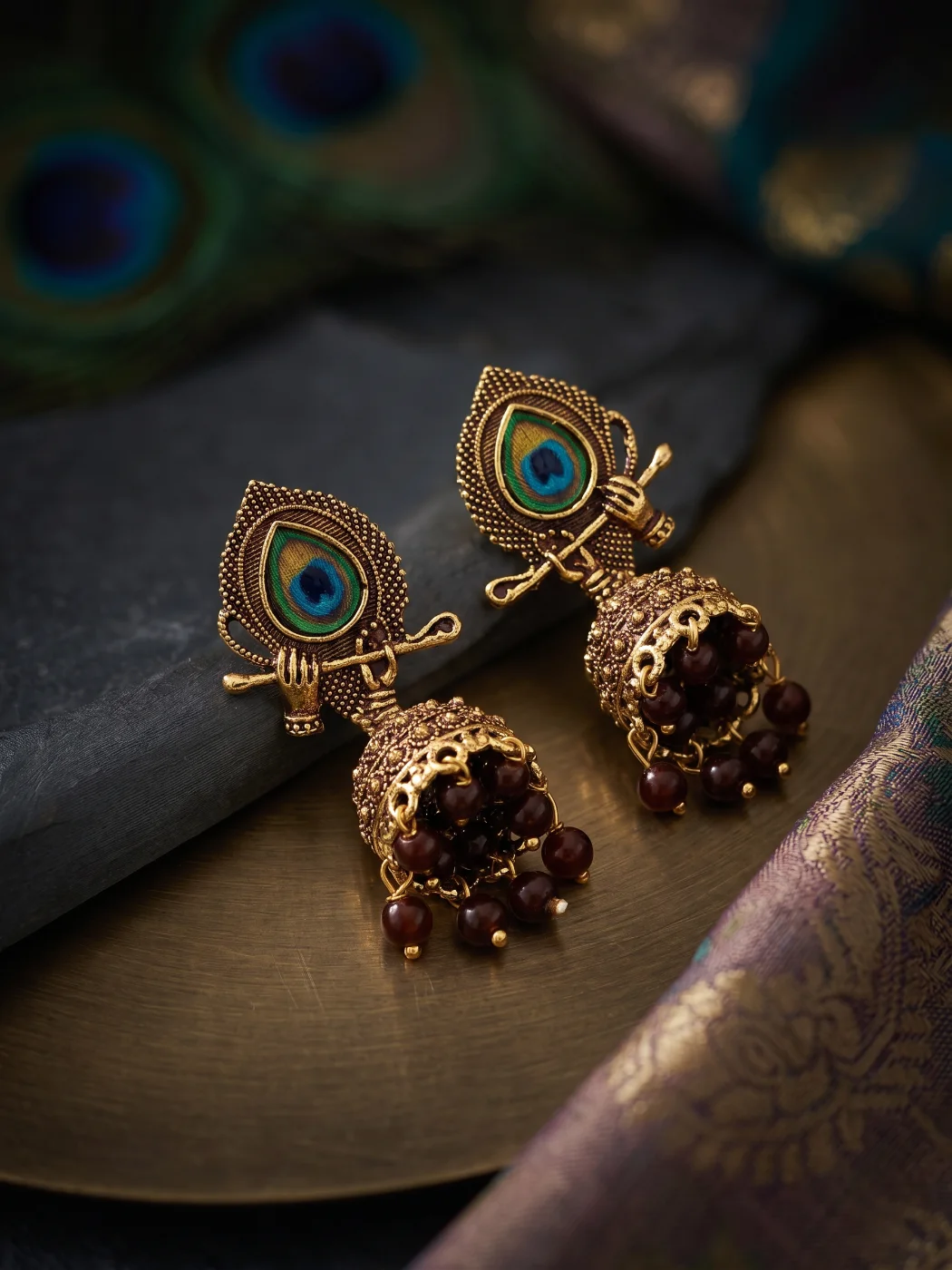 Ethnic Antique Gold Plated Peacock Flute Jhumka Earrings with Maroon Beads for Women