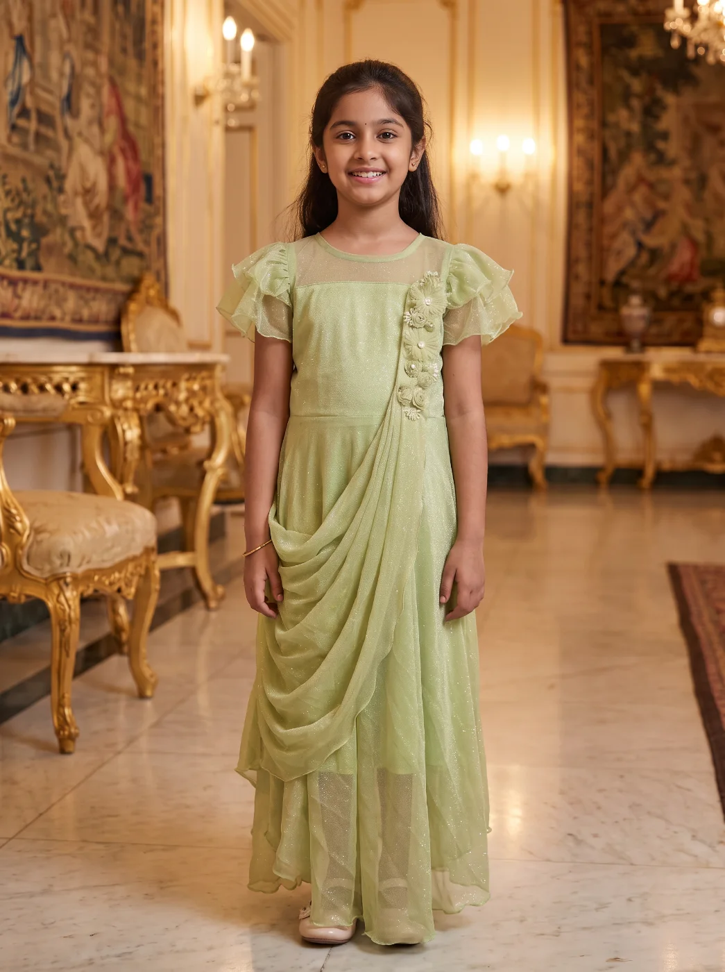 Girls Light Green Shimmer Net Draped Party Gown Dress with Floral Embellishments