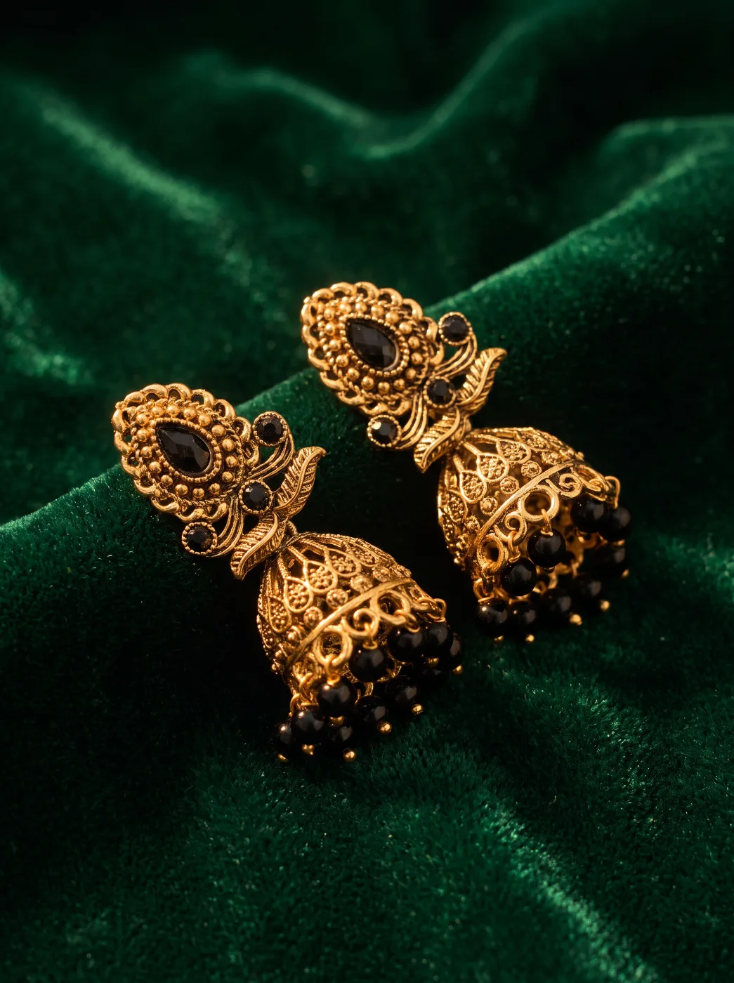Antique Gold Plated Jhumka Earrings with Black Beads for Women