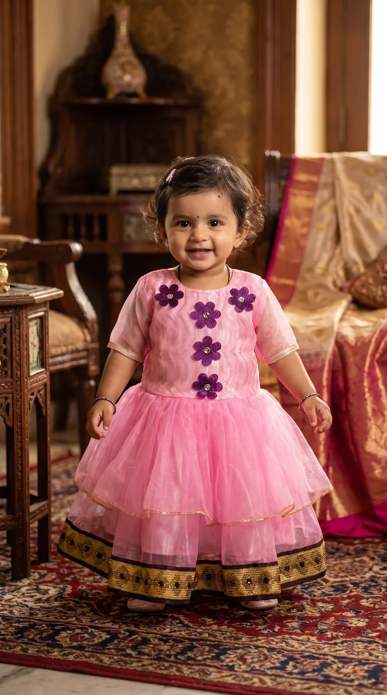 Baby Girls Pink Net Frock Dress with Purple Floral Appliques and Gold Border