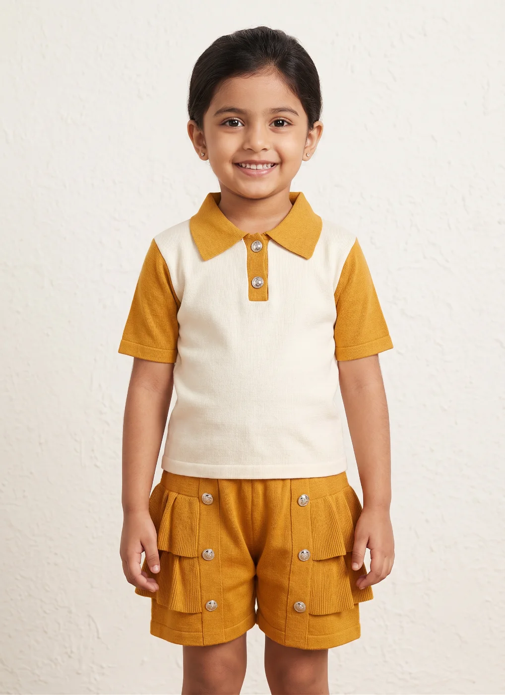 Kids' Two-Tone Ribbed Polo T-shirt & Ruffled Shorts Set