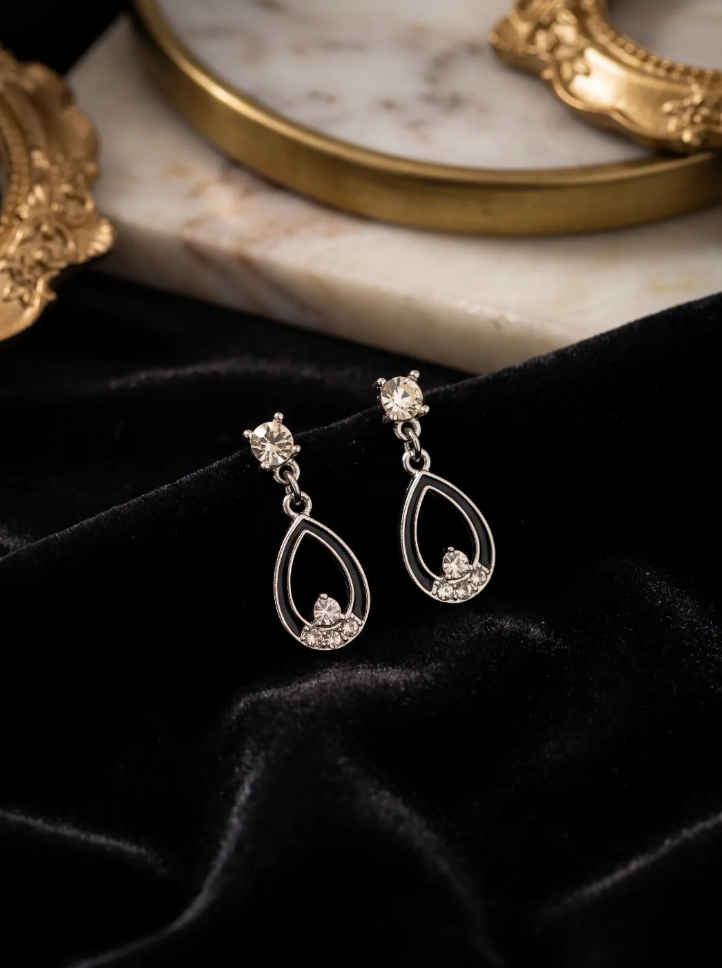 Elegant Silver Toned Teardrop Dangle Earrings with Rhinestones & Black Enamel