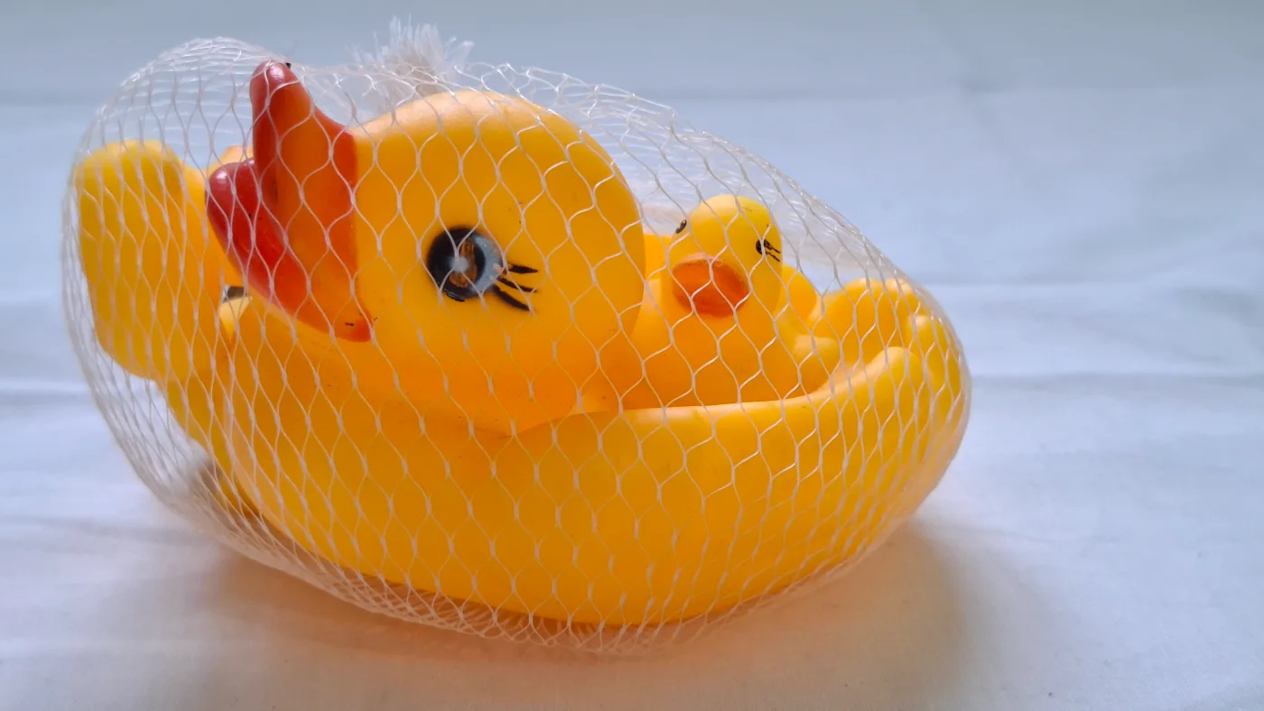Yellow Rubber Duck Bath Toy Set for Kids with Mesh Bag