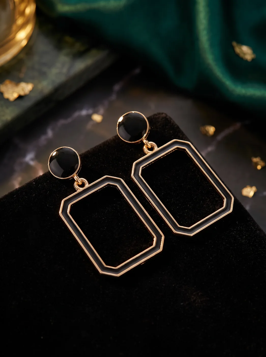Black & Gold Toned Geometric Drop Earrings for Women