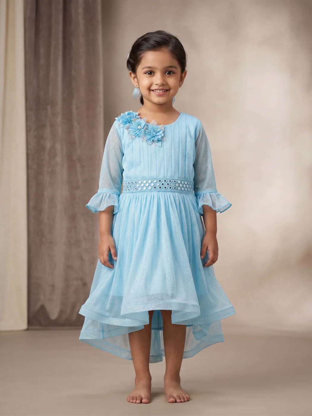 Girls Light Blue Shimmer High-Low Party Dress with Floral Appliques & Mirror Work