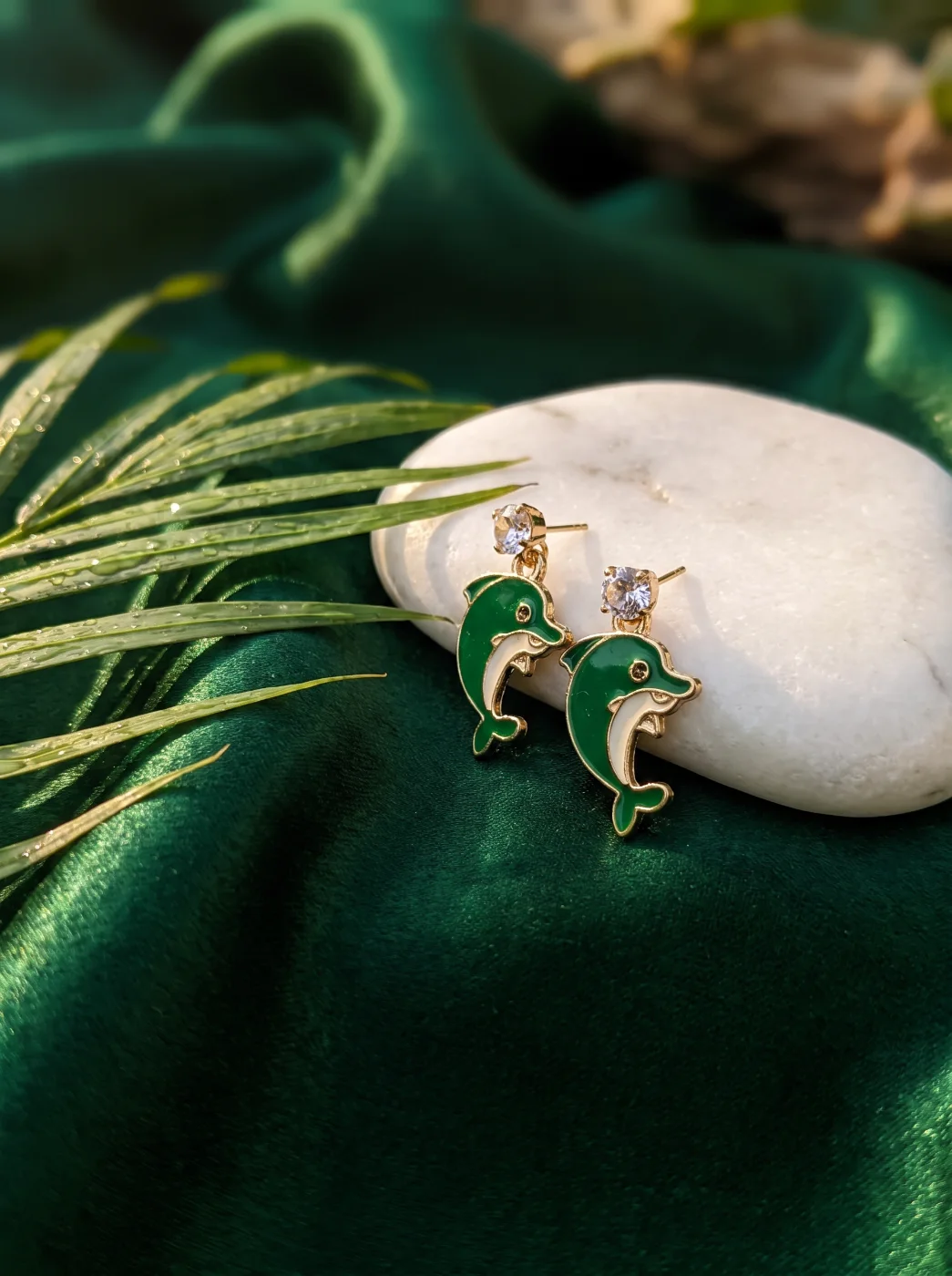 Green Dolphin Stud Earrings with Crystal Accent for Women & Girls