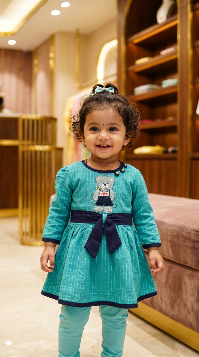 Toddler Girls Teal Striped Dress with Teddy Bear Appliqué and Leggings Set