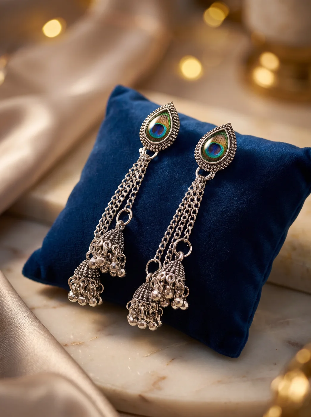 Oxidized Silver Peacock Jhumka Earrings with Chains