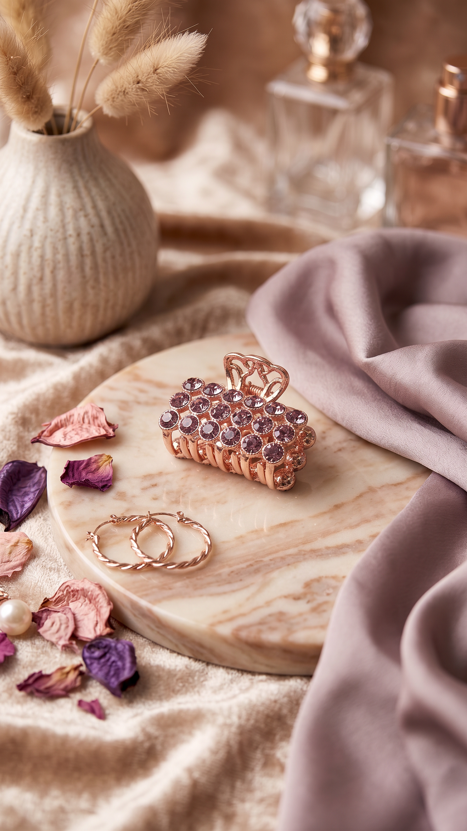 Mini Rose Gold Hair Claw Clip with Pink Rhinestones