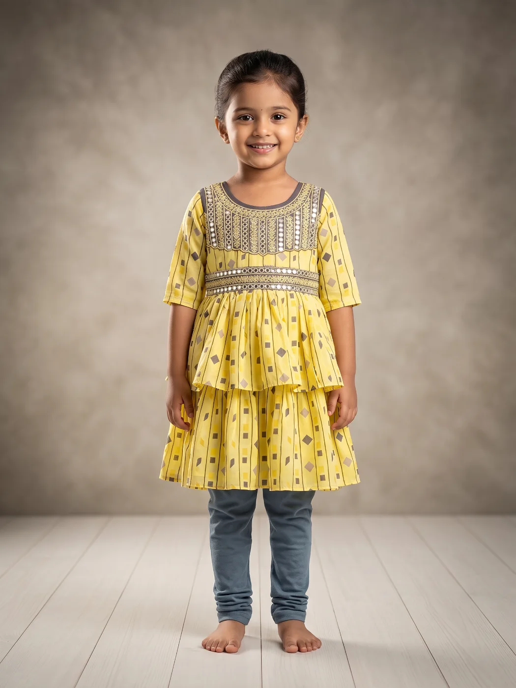 Kids Girls Yellow Tiered Kurti with Mirror Work & Grey Leggings Set