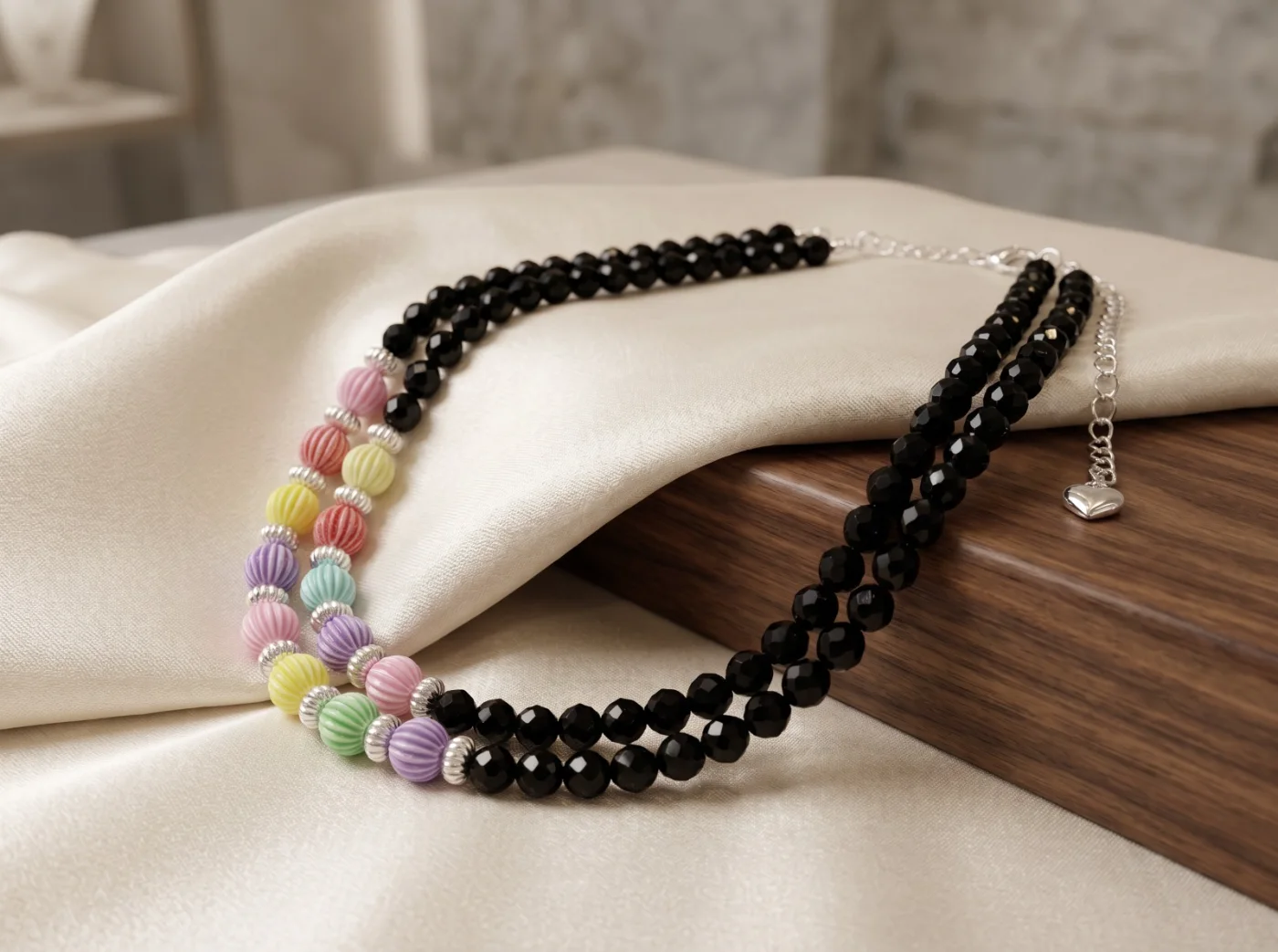 Dual Layer Black Faceted & Pastel Ribbed Beaded Necklace with Adjustable Chain