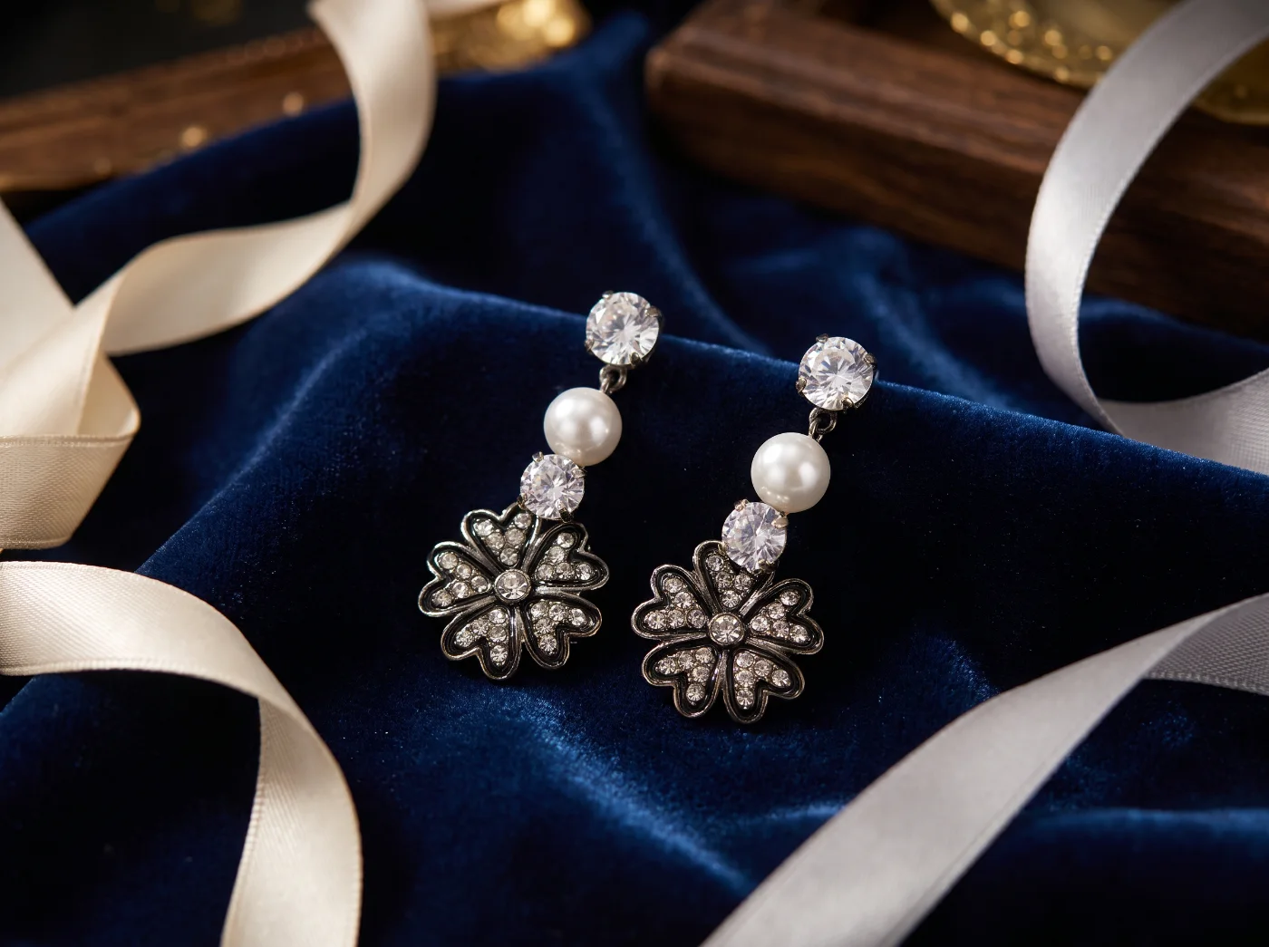 Elegant Pearl & Crystal Flower Dangle Earrings for Women