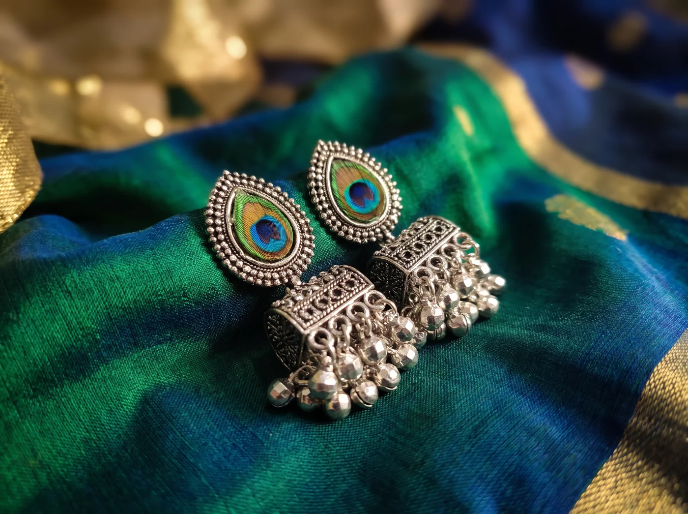 Oxidized Silver Peacock Feather Jhumka Earrings for Women