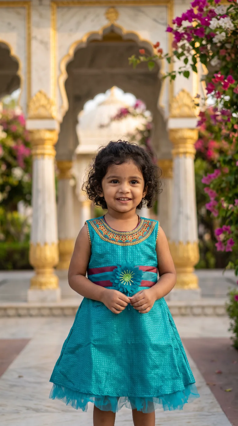 Girls Teal Embroidered Sleeveless Festive Dress
