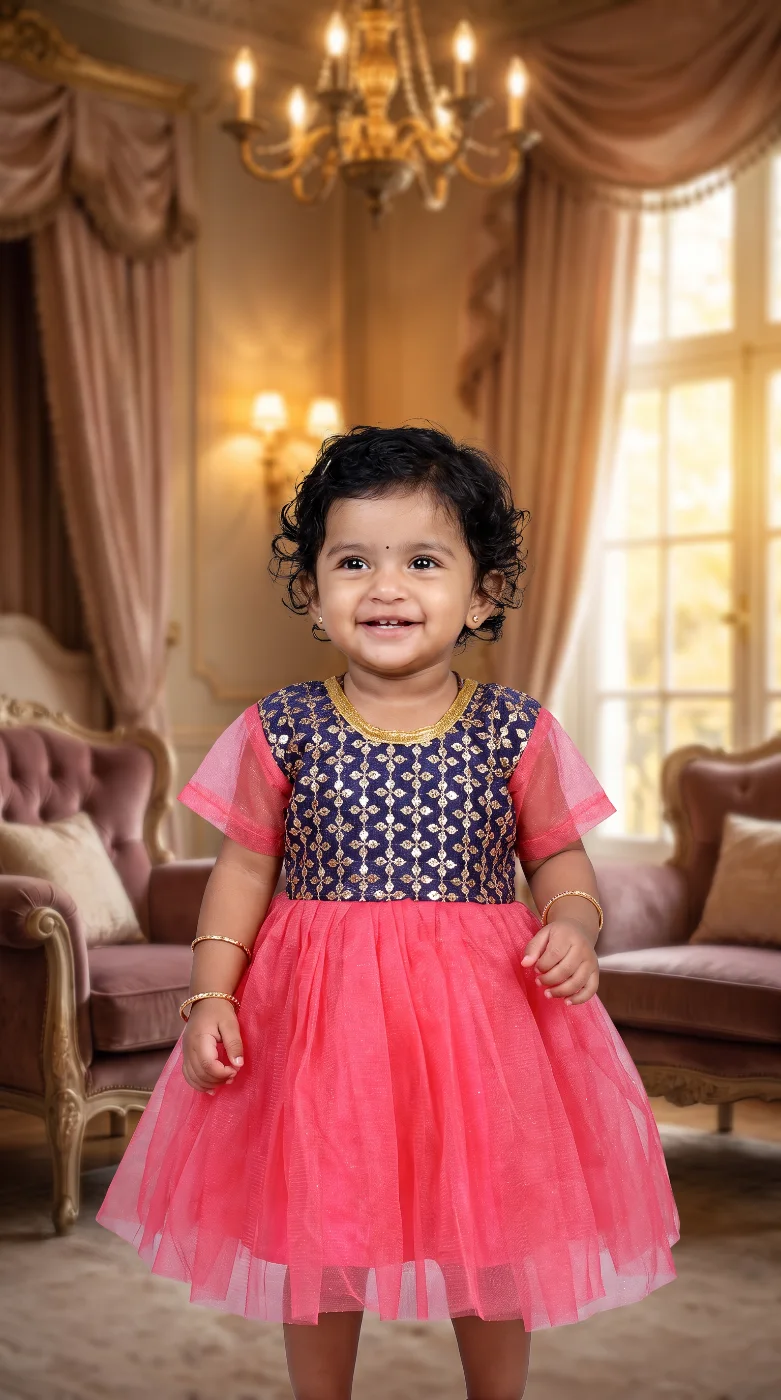 Baby Girl's Pink and Navy Blue Embroidered Net Party Dress