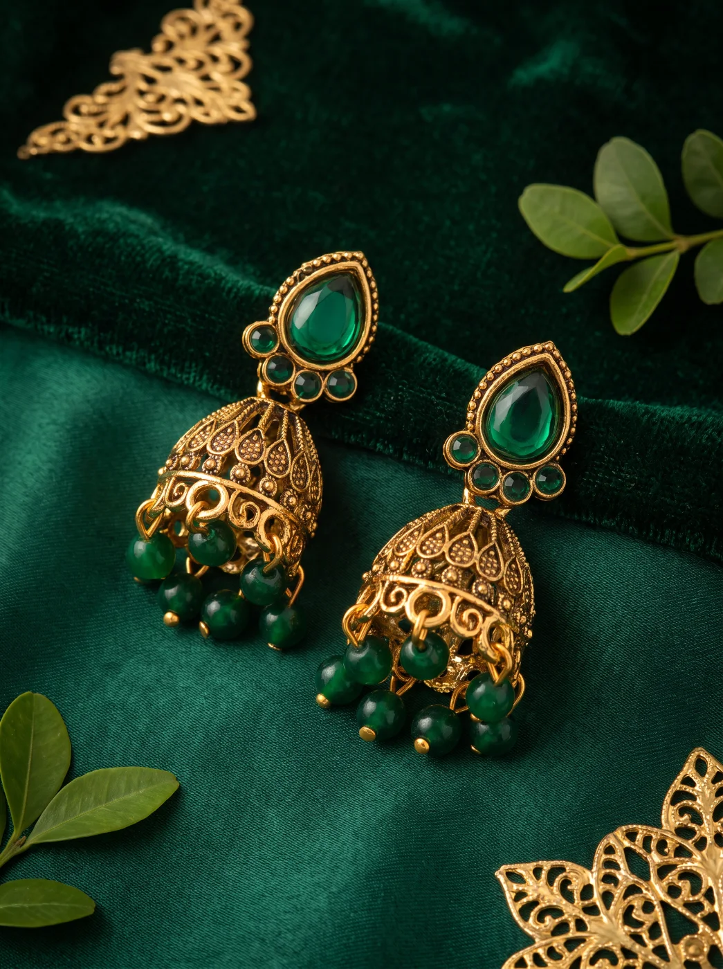 Traditional Gold Plated Green Stone Jhumka Earrings for Women
