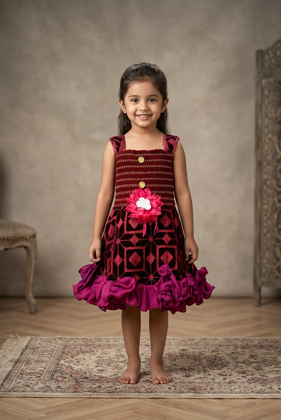 Girls Maroon Velvet Smocked Dress with Ruffled Hem and Flower Embellishment