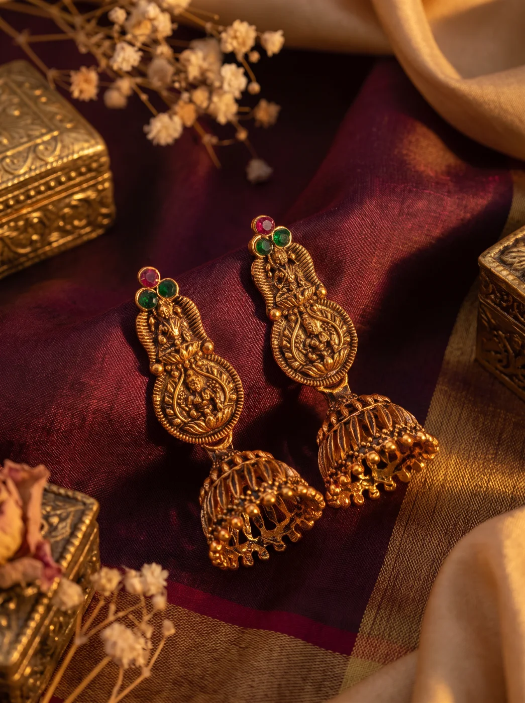 Traditional Antique Gold Plated Jhumka Earrings with Deity Design