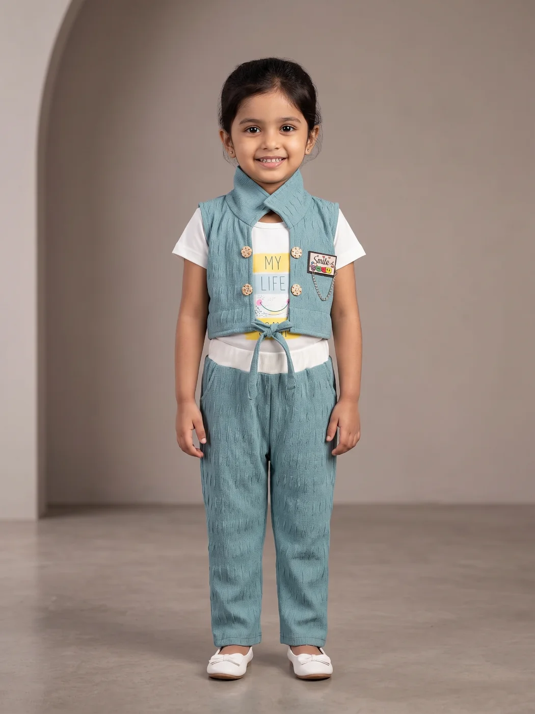 Girls' Teal Textured Vest, Graphic T-Shirt & Pants 3-Piece Set