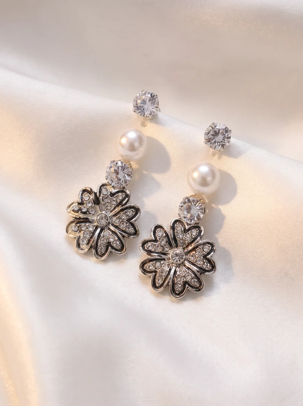 Elegant Gold Plated Dangle Earrings with Pearls and Cubic Zirconia Flower Design for Women