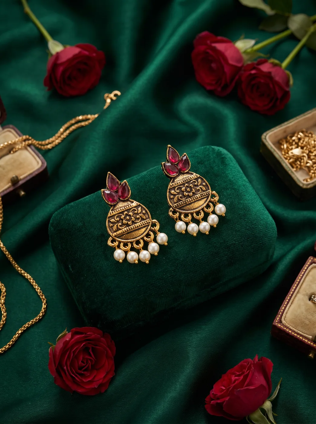 Ethnic Antique Gold Plated Ruby Stone Pearl Drop Earrings for Women