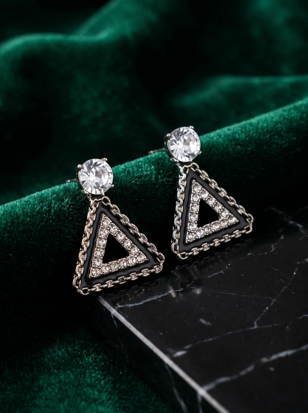 Black & Silver Triangle Drop Earrings with Rhinestones for Women
