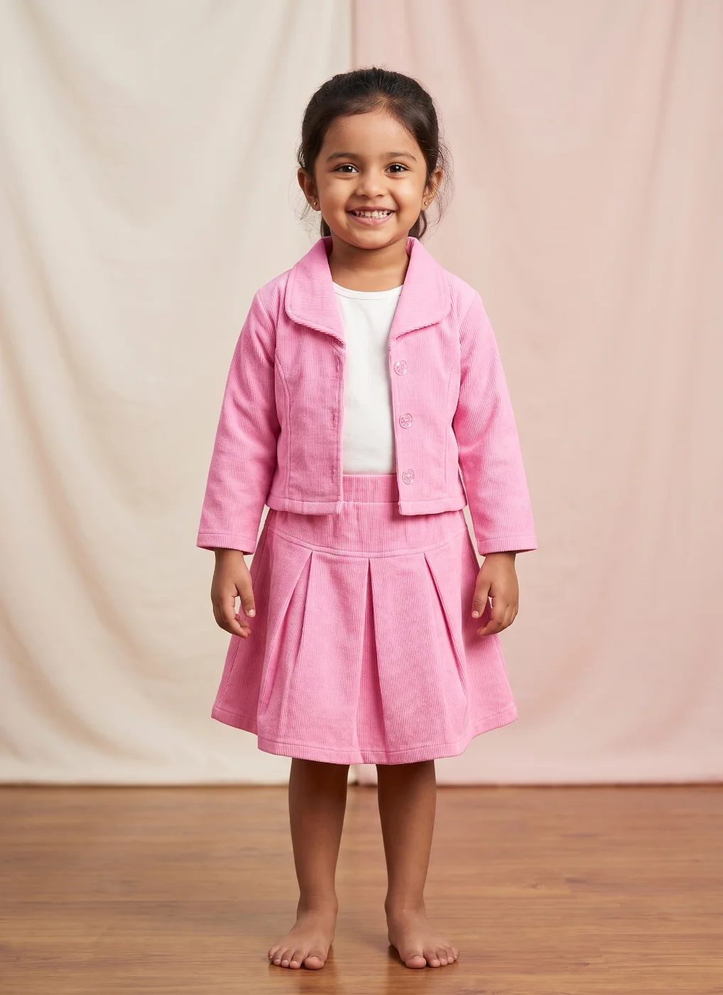 Girls Pink Corduroy Jacket and Pleated Skirt Set