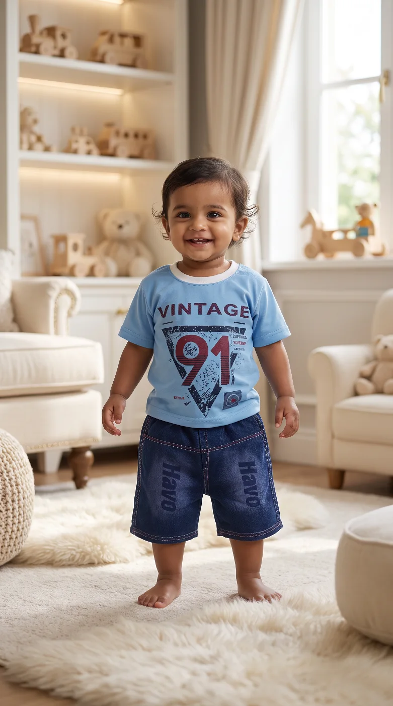 Havo Baby Boys' Light Blue Vintage Print T-Shirt & Dark Blue Denim Shorts Set