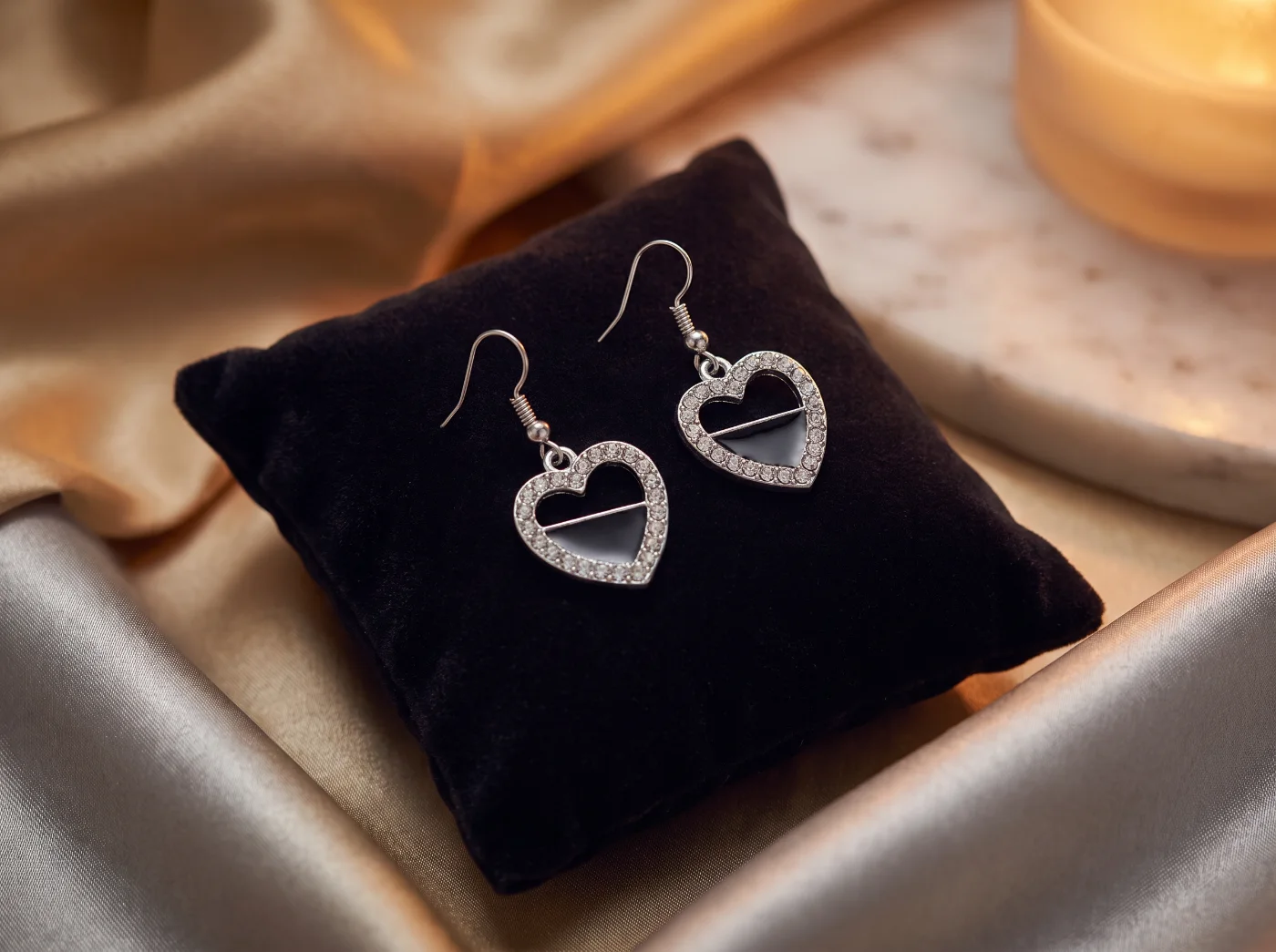 Silver-Toned Heart Dangle Earrings with Rhinestones & Black Enamel