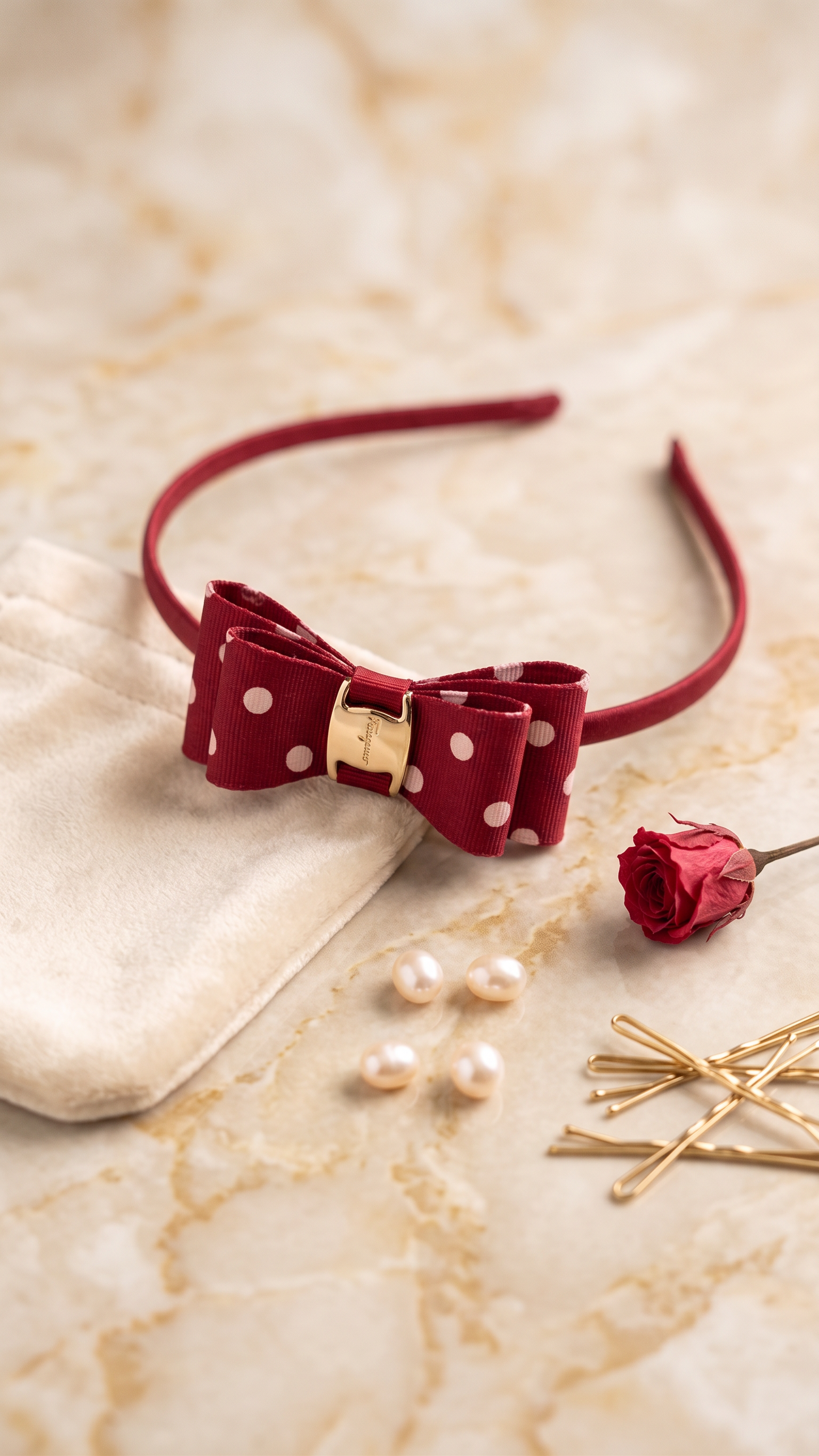 Red Polka Dot Bow Headband with Gold Buckle for Girls and Women