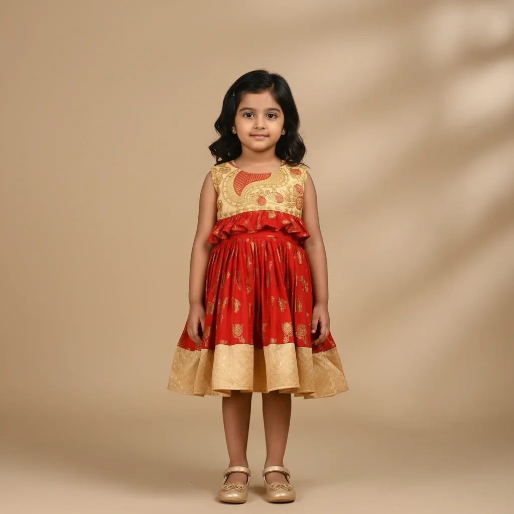 Girls Red & Gold Ethnic Print Sleeveless Festive Dress