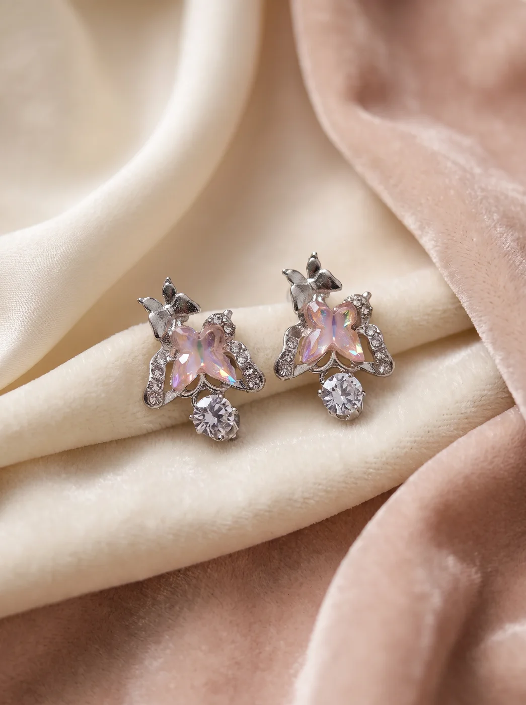 Women's Silver-Toned Butterfly Stud Earrings with Pink Iridescent Stones