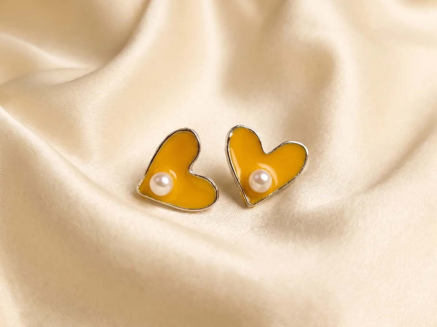 Yellow Heart Pearl Stud Earrings for Women