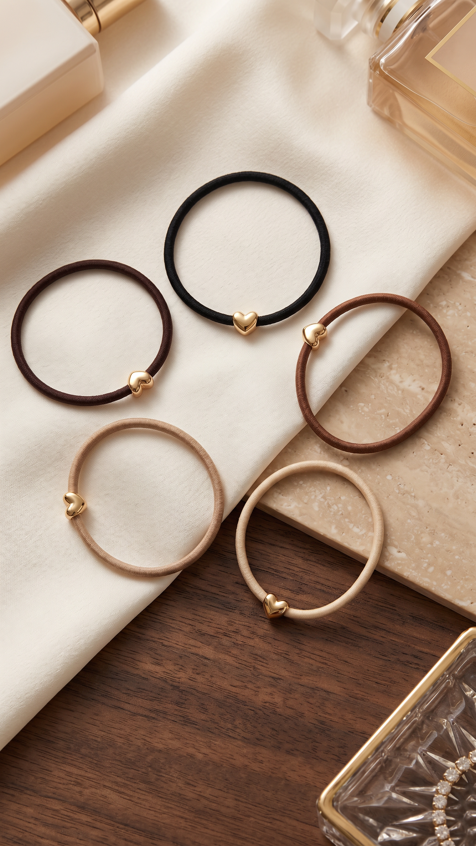 Set of 5 Assorted Neutral Hair Ties with Gold Embellishment