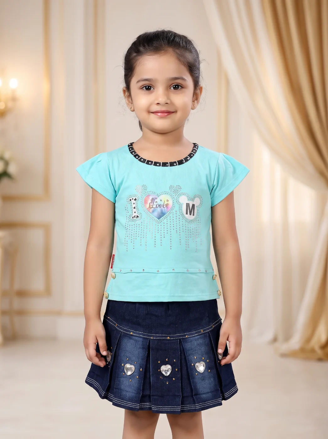 Girls Aqua Blue Embellished T-Shirt & Dark Blue Denim Skirt Set