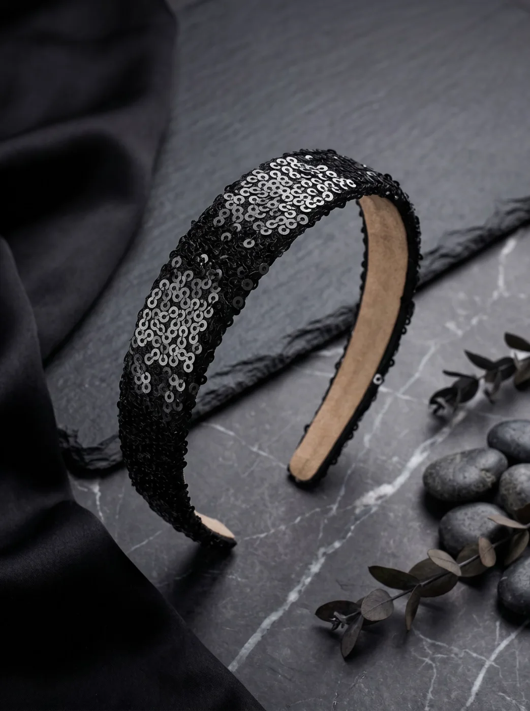 Black Sequin Embellished Headband for Women