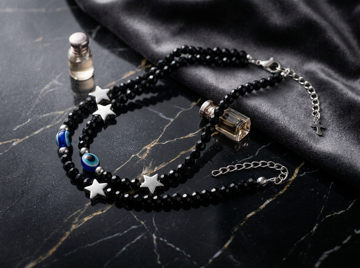 Multi-Layered Beaded Bracelet with Star and Evil Eye Charms
