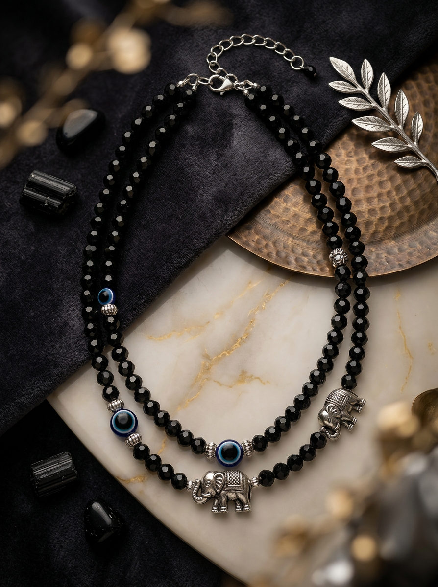 Dark Beaded Elephant Charm Evil Eye Anklets for Women