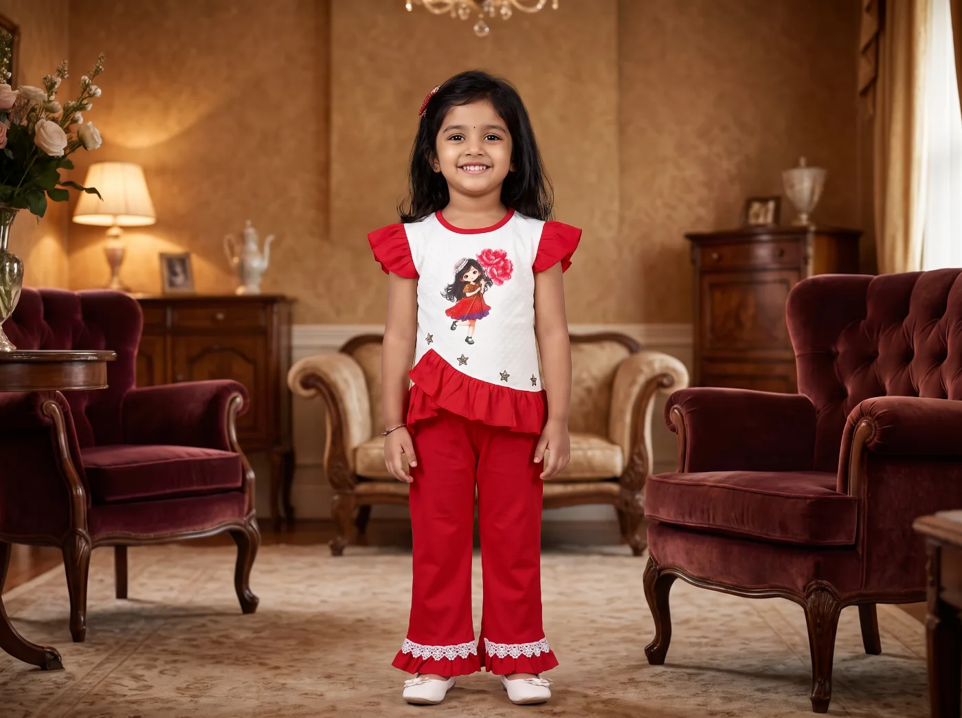 Girls Red & White Cartoon Print Ruffled Top with Matching Pants Set