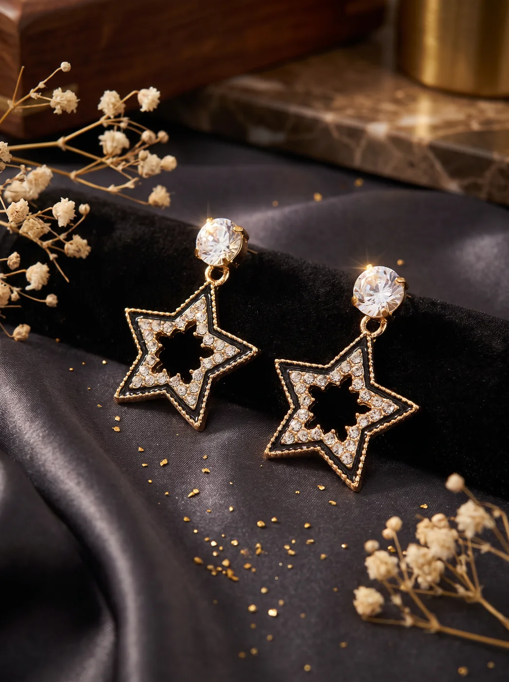 Gold Plated Star Dangle Earrings with Rhinestones & Black Enamel for Women