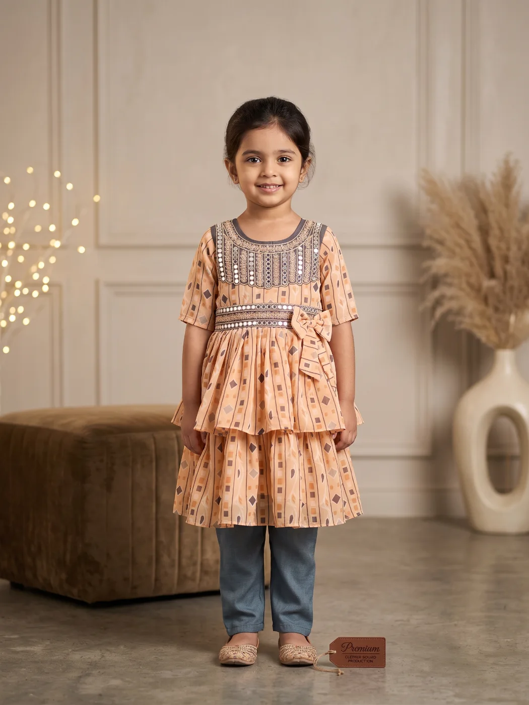 Girls Peach Tiered Kurta with Mirror Work and Light Blue Trousers Set