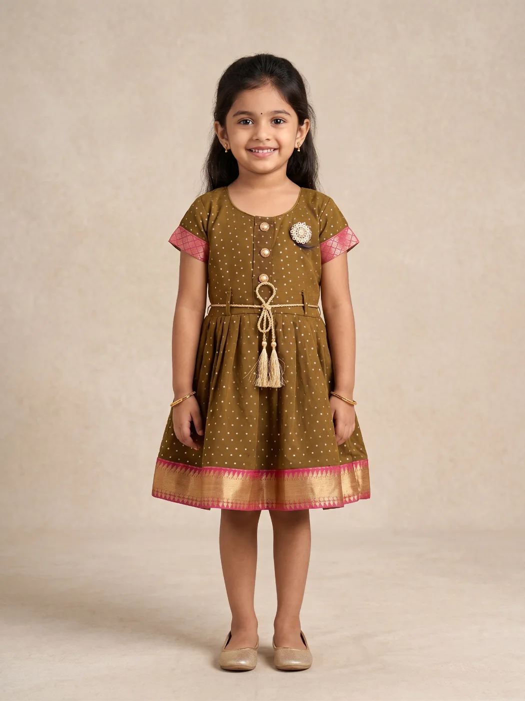 Girls Olive Green Polka Dot A-Line Dress with Pink & Gold Border