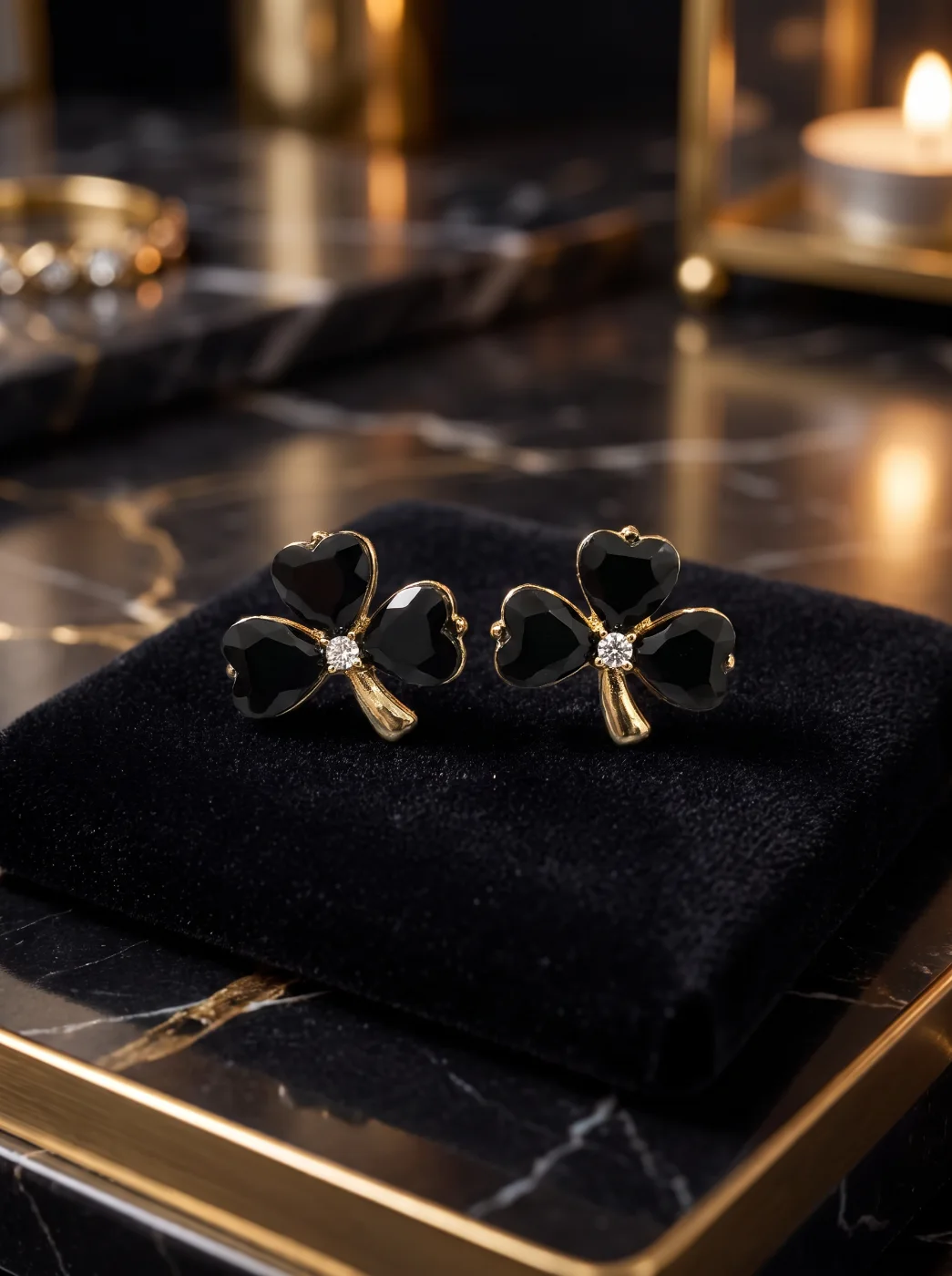Gold Tone Black Clover Stud Earrings for Women