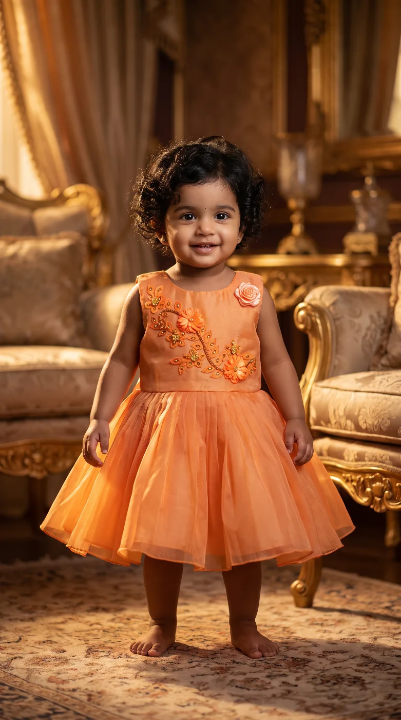 Baby Girl's Peach Sleeveless Embellished Party Dress